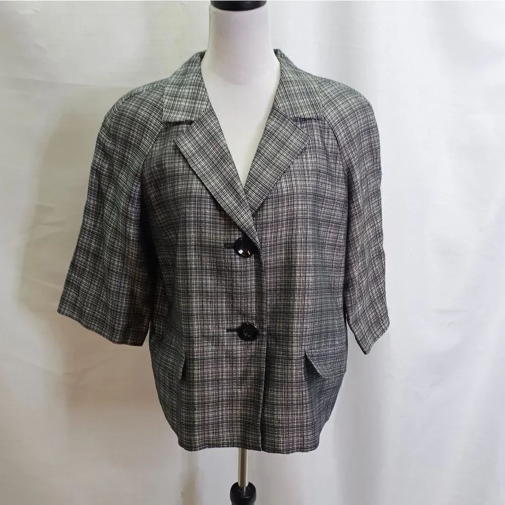 Talbots Black Plaid Quarter Sleeve Button Front Blazer Jacket Size 14
